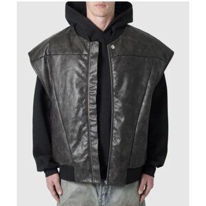 MNML Leather Bomber Vest Black Oversized Streetwear Zip Jacket Mens Large